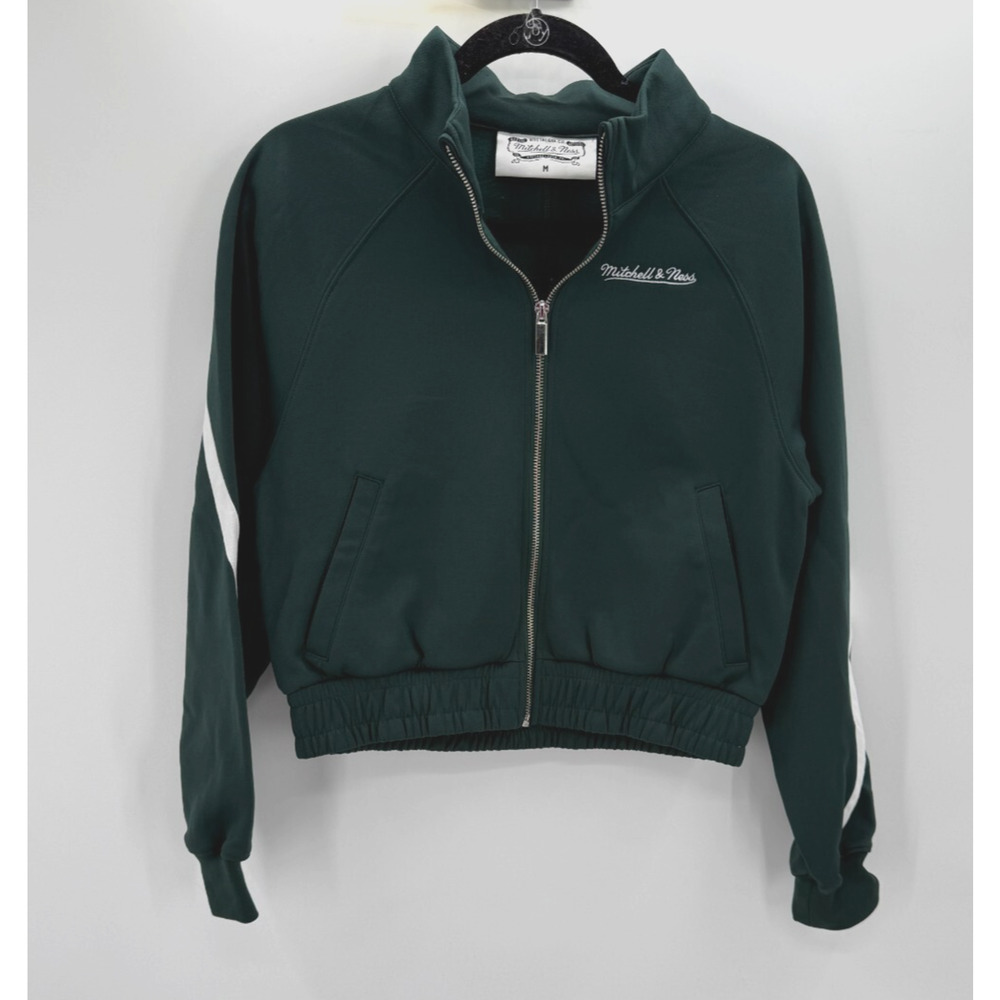 Mitchell & Ness Women's Cropped Jacket Green White Script Logo NWOT Medium M - Picture 1 of 7